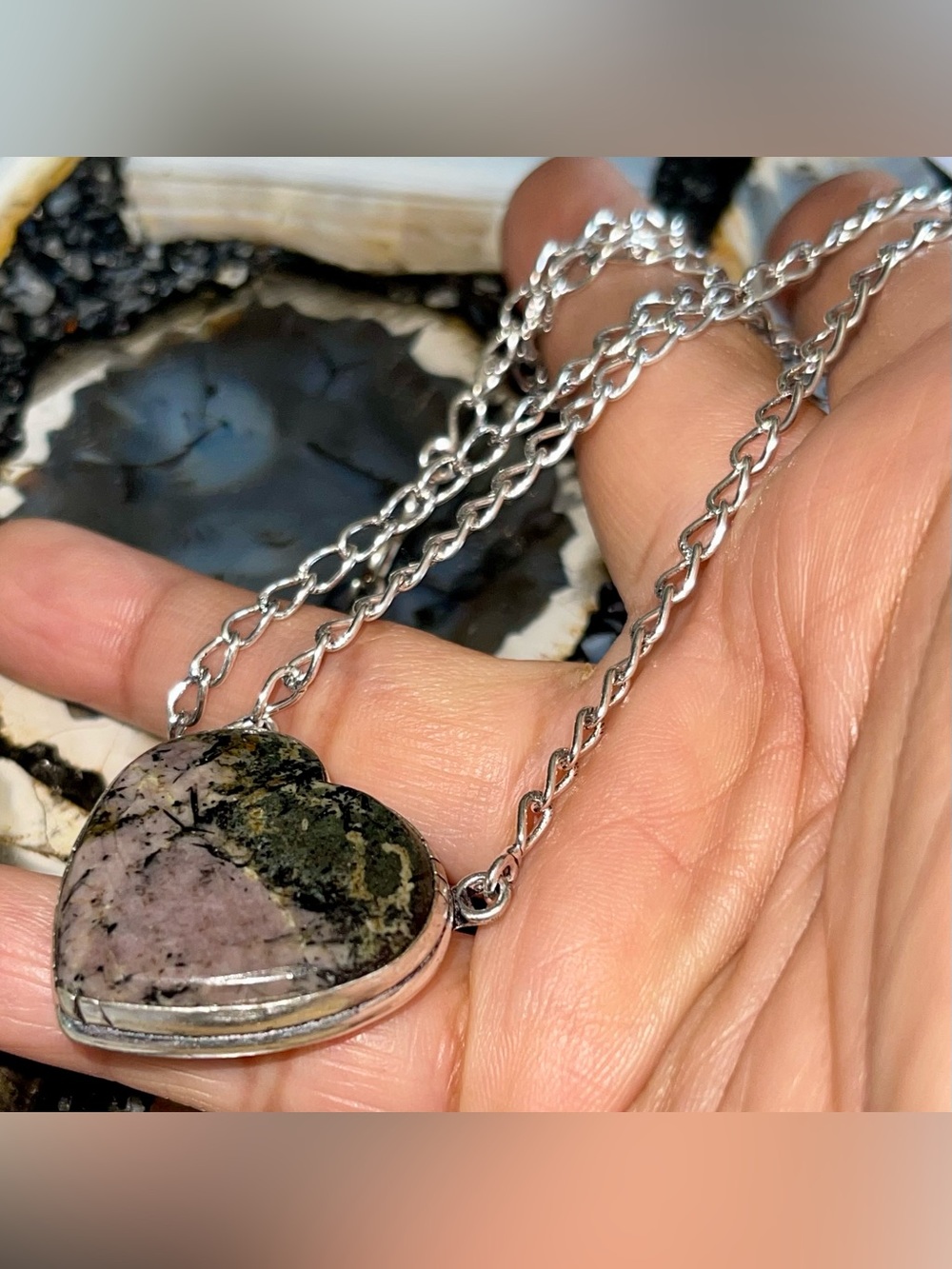 Manganese Black Pink Rhodonite Pendant Necklace 1 1/2- “Stone of Love”